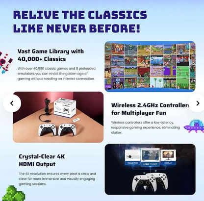 40,000+ Classic Games, Plug & Play Video Game Console with 2 Wireless Controllers, 128GB 4K HDMI Output, Perfect Nostalgic Electronic Gift for Men & Kids